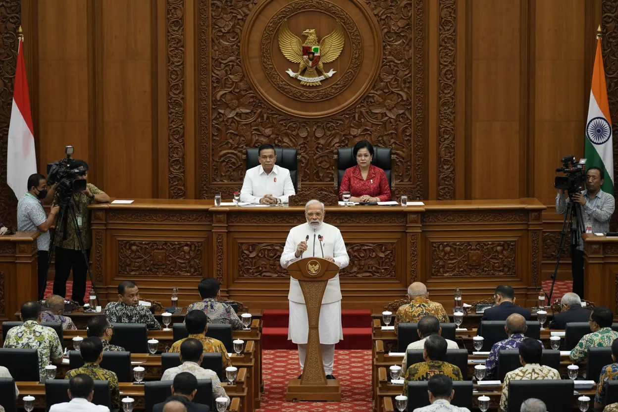 モディ首相、インド首相初のインドネシア議会演説　「ガンガー・マハカム」提起で戦略連携深化へ